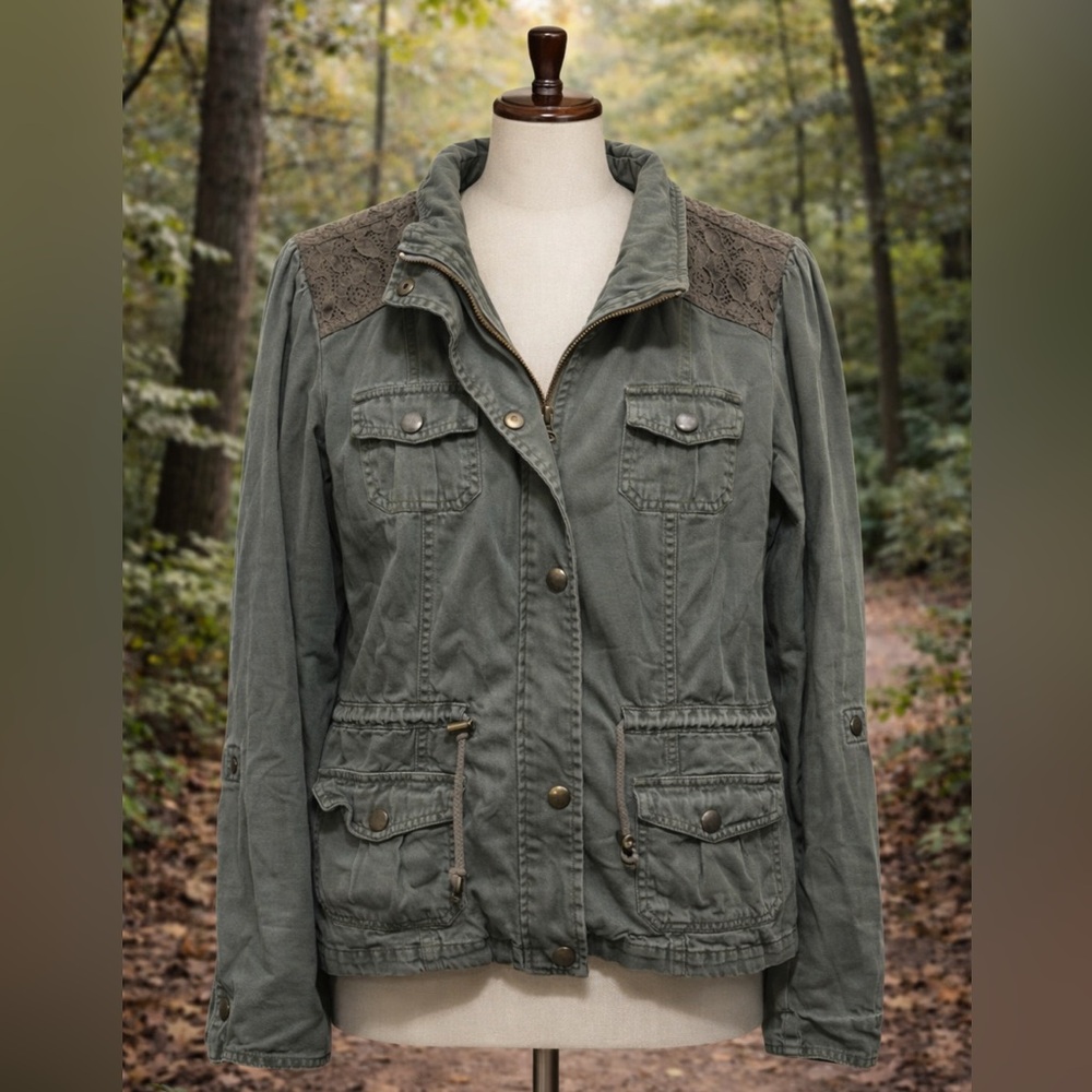 Candie's Women's Olive Utility Jacket with Lace Accents